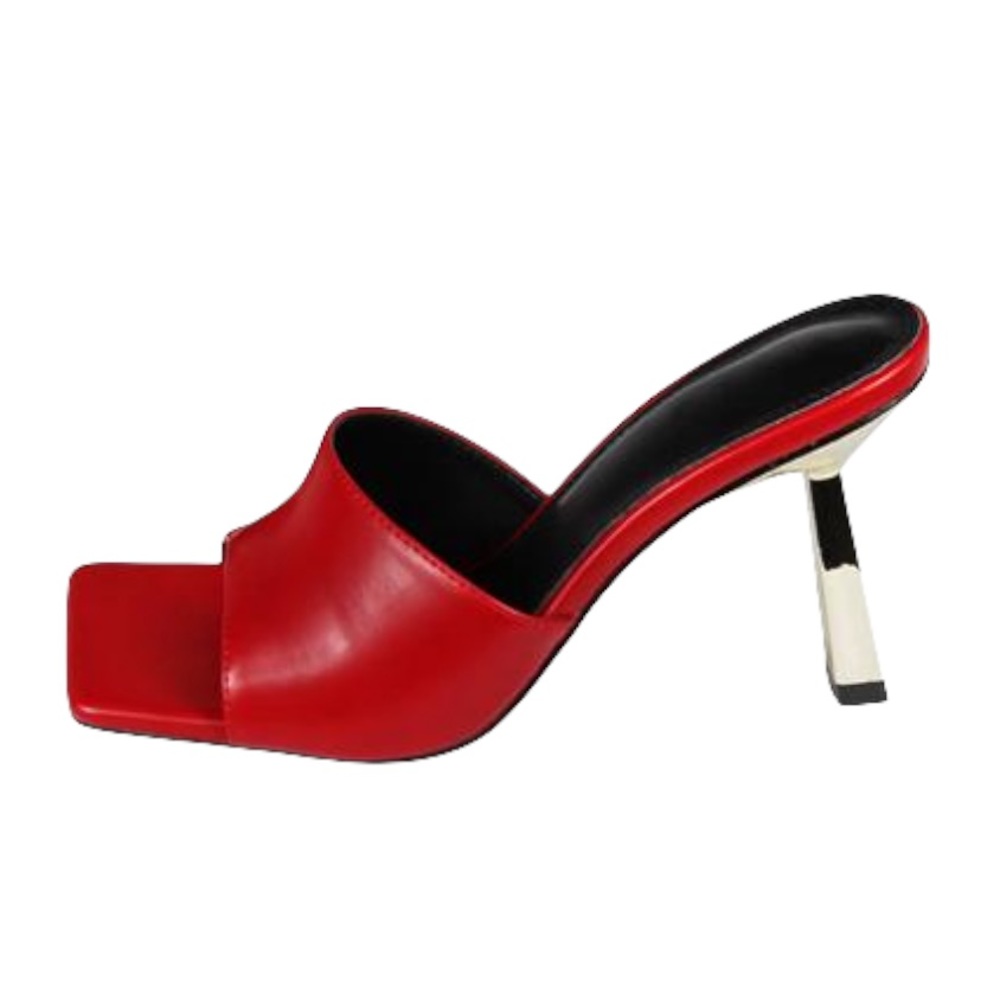 Sexy Red Hot Vegan Leather High Heeled Triangle Mule Sandals